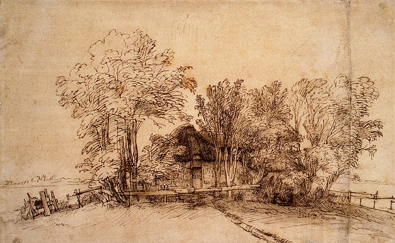 Cottage among Trees by Rembrandt (Rembrandt van Rijn)