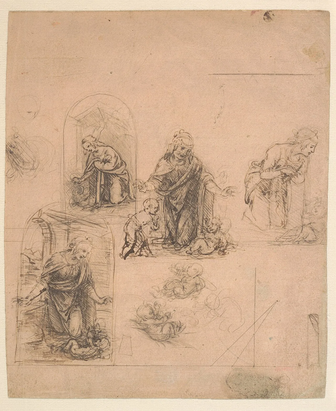 Compositional Sketches for the Virgin Adoring the Christ Child, with and without the Infant St. John the Baptist; Diagram of a Perspectival Projection (recto); Slight Doodles (verso) by Leonardo da Vinci