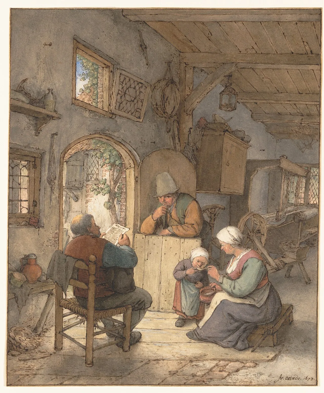 Reading the News at the Weavers' Cottage by Adriaen van Ostade
