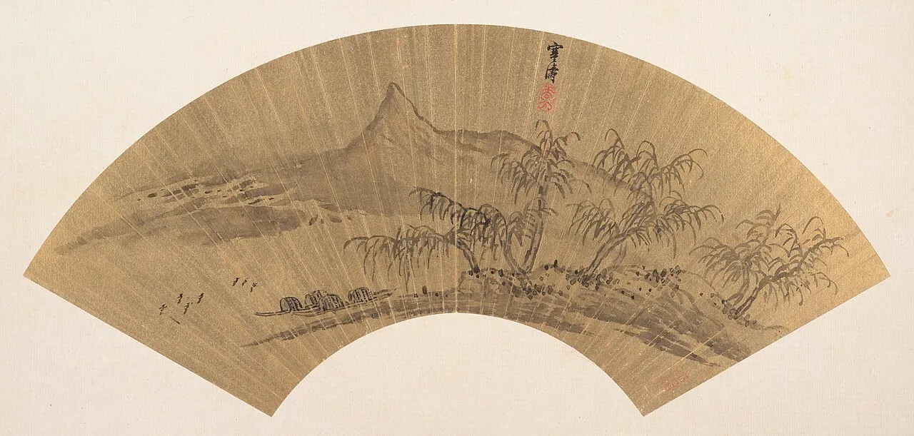 清 吳山濤 山水圖 扇|Riverscape with moored boats by Wu Shantao