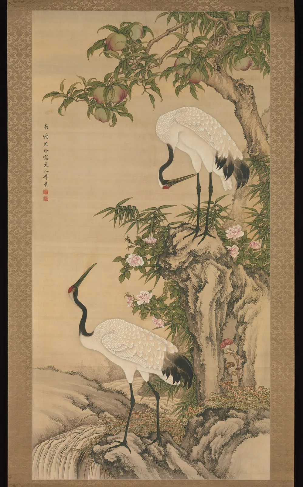 清 沈銓 月季桃鶴圖 軸|Cranes, peach tree, and China rose by Shen Quan