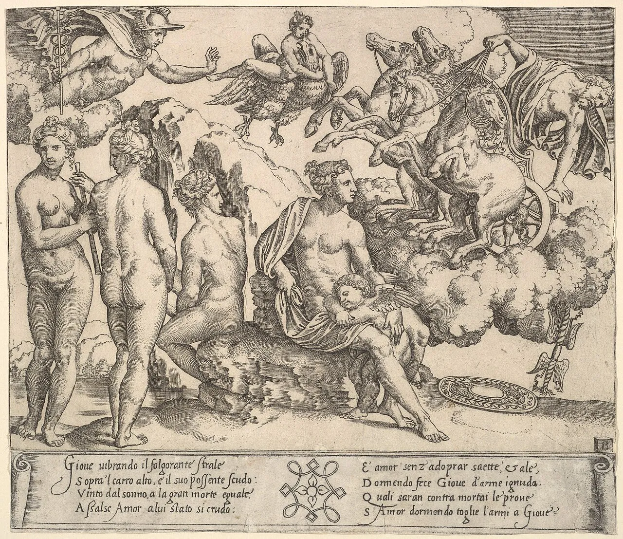 Jupiter tumbling from a horse-drawn carriage at right, Ganymede riding Jupiter's eagle upper center, below Venus and to her right, the three Graces by Master of the Die