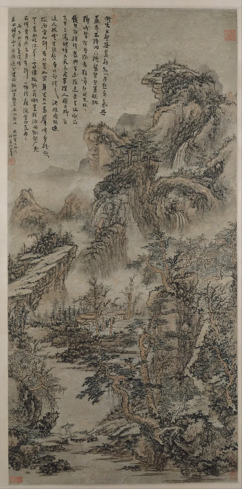 清 倣髡殘 蒸嵐昏巒圖 軸|Wooded Mountains at Dusk by Kuncan