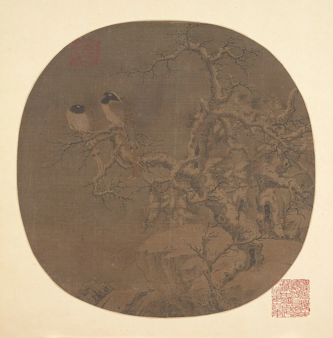 南宋 傳李迪 幽禽寒林圖 冊頁|Two Birds on a Wintry Tree by Li Di