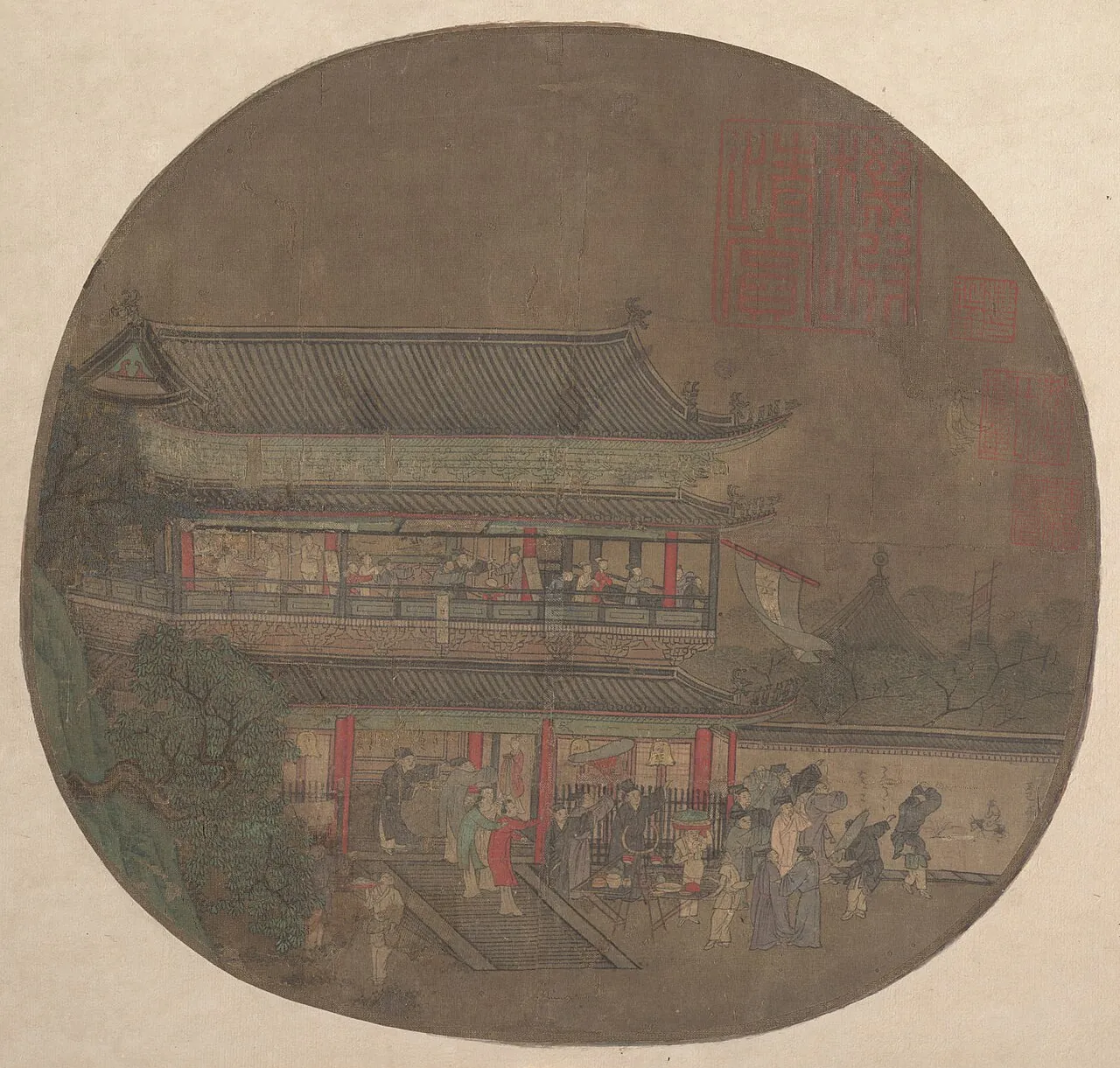 南宋/元 佚名 呂洞賓過岳陽樓圖 扇|The Immortal Lü Dongbin Appearing over the Yueyang Pavilion by Unidentified artist