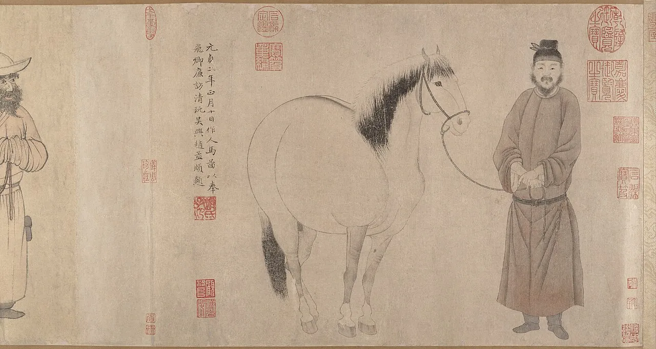元 趙孟頫 趙雍 趙麟 吳興趙氏三世人馬圖 卷|Grooms and horses by Zhao Mengfu