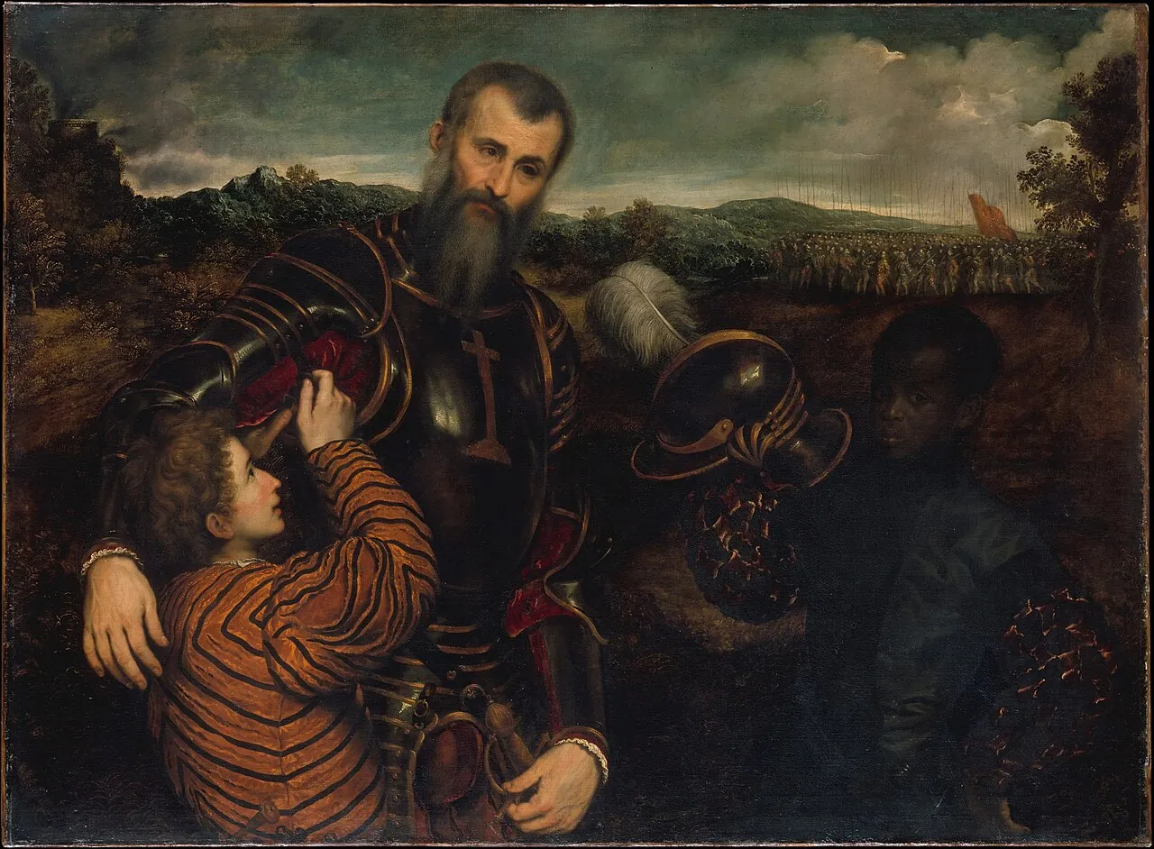Portrait of a Man in Armor with Two Pages by Paris Bordon