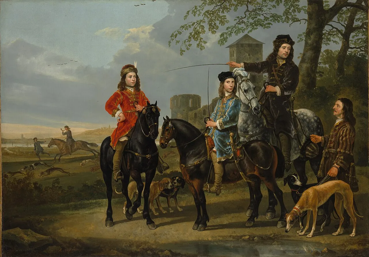 Equestrian Portrait of Cornelis (1639–1680) and Michiel Pompe van Meerdervoort (1638–1653) with Their Tutor and Coachman by Aelbert Cuyp