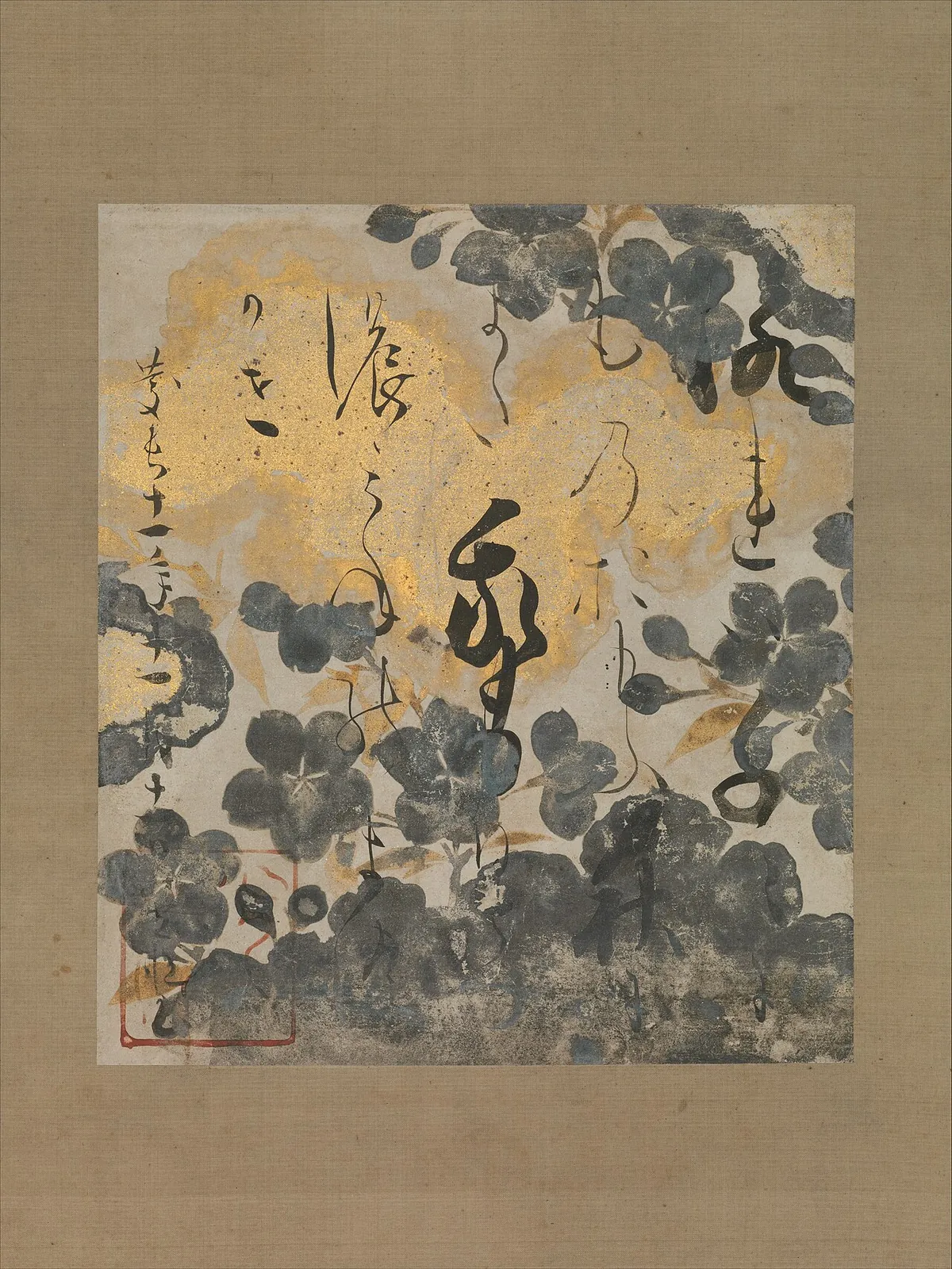本阿見光悦書・俵屋宗達下絵 桜下絵和歌色紙 鴨長明|Poem by Kamo no Chōmei with Underpainting of Cherry Blossoms by Tawaraya Sōtatsu