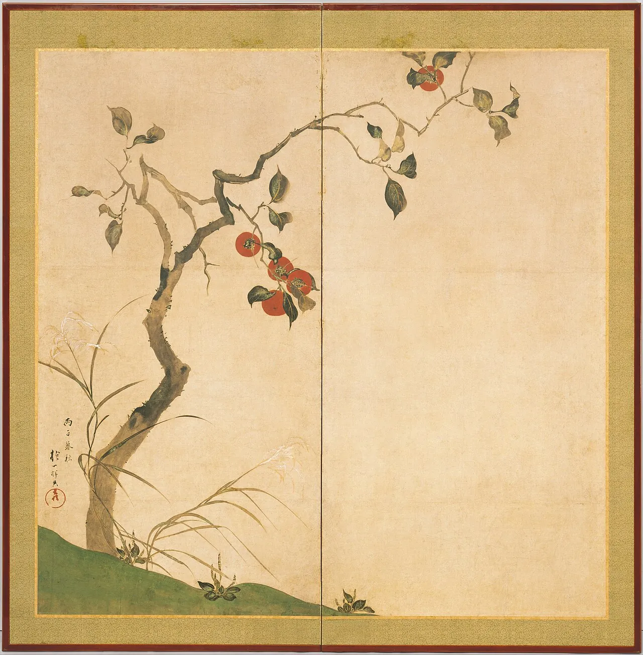 酒井抱一筆　柿図屏風|Persimmon Tree by Sakai Hōitsu