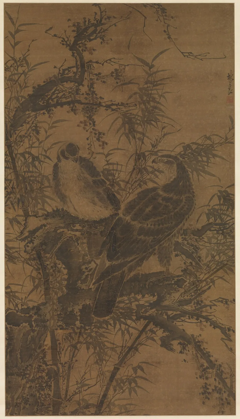 明 林良 二鷹圖 軸|Two hawks in a thicket by Lin Liang