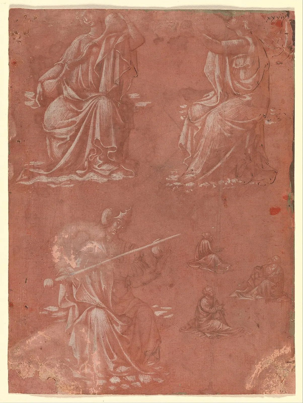 Three Virtues (Temperance, Hope, and Fortitude or Justice) and Studies of a Seated Man by Lorenzo Monaco (Piero di Giovanni)
