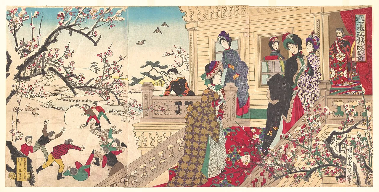 『雪中梅荘群児遊戯 図』|Children Playing in the Snow under Plum Trees in Bloom  (Secchū  baisō gunji yūgi zu) by Yōshū (Hashimoto) Chikanobu
