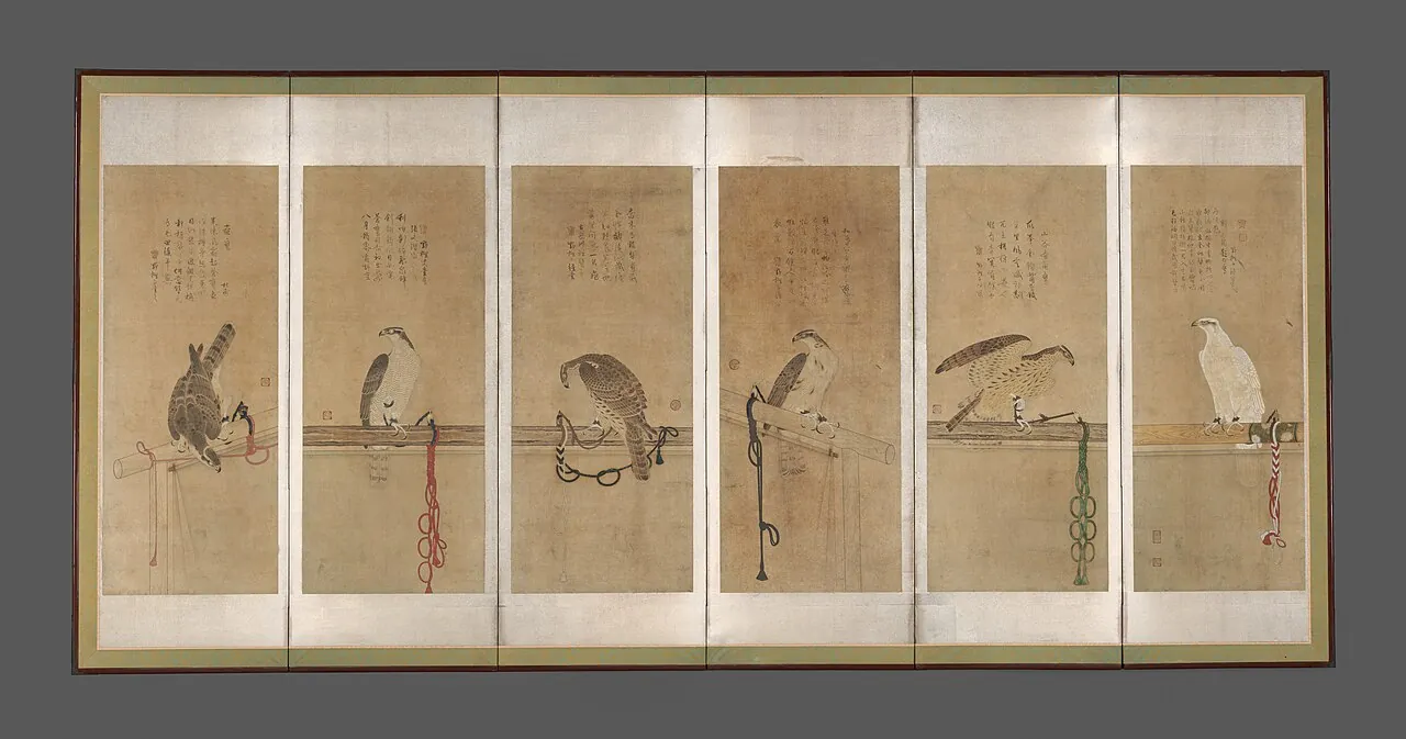曽我直庵筆 架鷹図押絵貼屏風|Tethered Hawks by Soga Chokuan